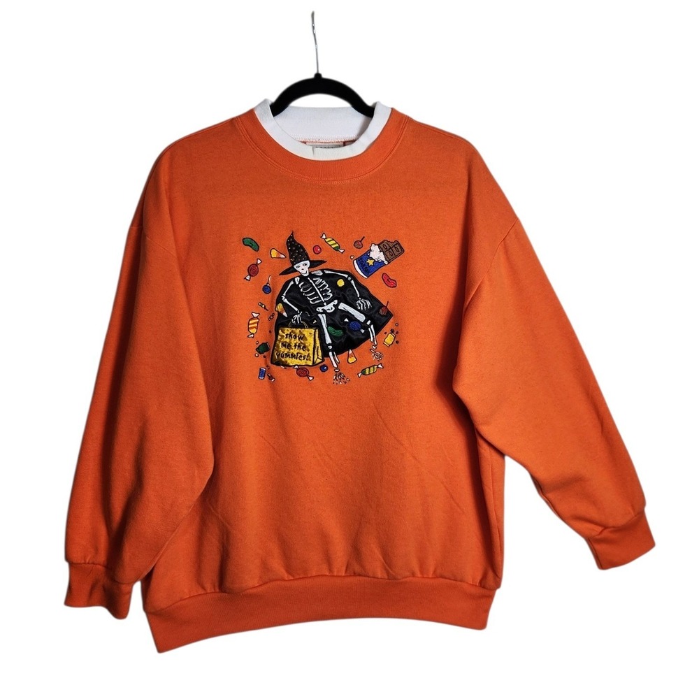 Vintage Basic Editions Halloween Skeleton Witch Candy Orange Sweatshirt XL